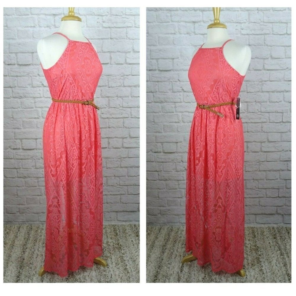 NWT As U Wish Maxi Dress Belt Orange Lace Lined Halter Neck Sleeveless Juniors S